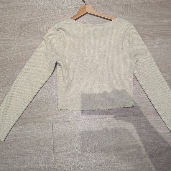 American eagle cropped waffle texture tan long sleeve top lettuce hem - Picture 4 of 4